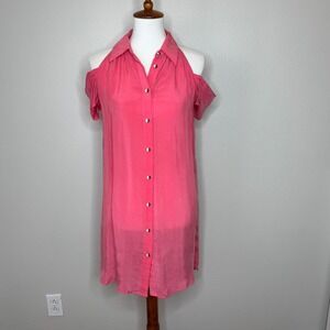 KELLY WEARSTLER Off Shoulder Shirt Dress‎ SM Mini Hi Lo Hem Pink 100% Cupro